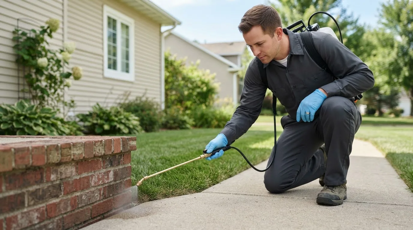 Pest control technician treating a home near Loves Park, IL