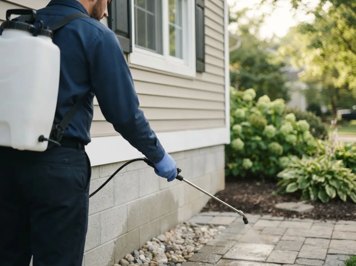 Pest control technician inspecting a home in Loves Park, IL